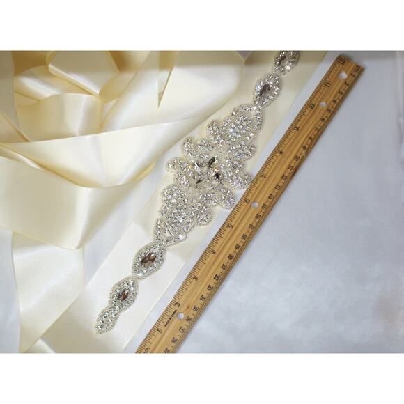Rhinestone applique ivory bridal belt sash, wedding dress rhinestone belt sash - Picture 5 of 6